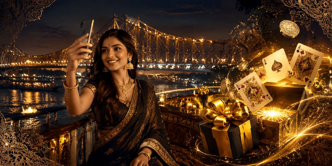 Kolkata Howrah Bridge night with casino and gaming inset